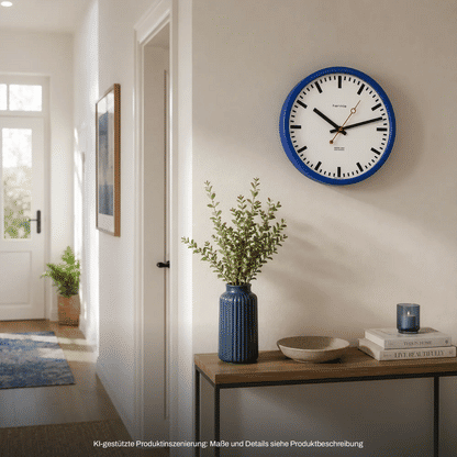 Hermle funkgesteuerte Wanduhr mit blauem Rahmen, rotem Sekundenzeiger