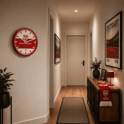 Wanduhr an der Wand, rundes rot-weißes Ziffernblatt mit VfB-Emblem