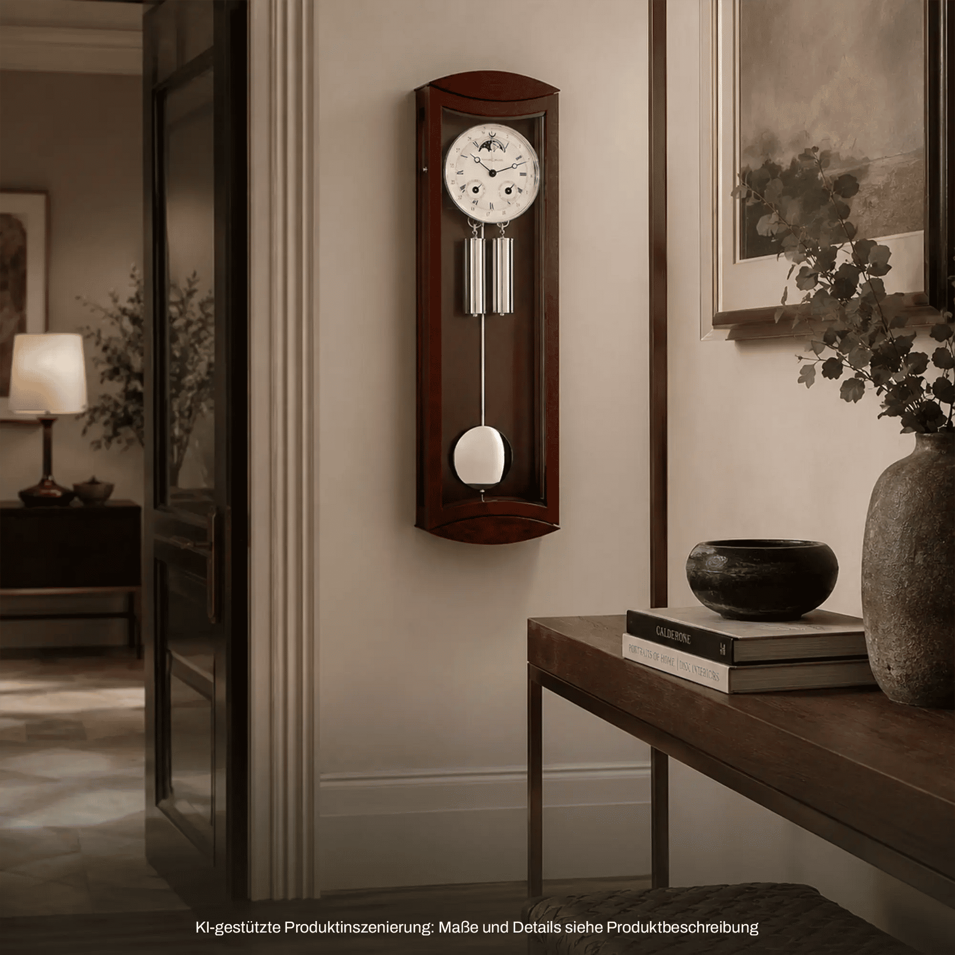 Wanduhr aus Holz mit rundem Zifferblatt, Pendelstäben und Pendelball unten