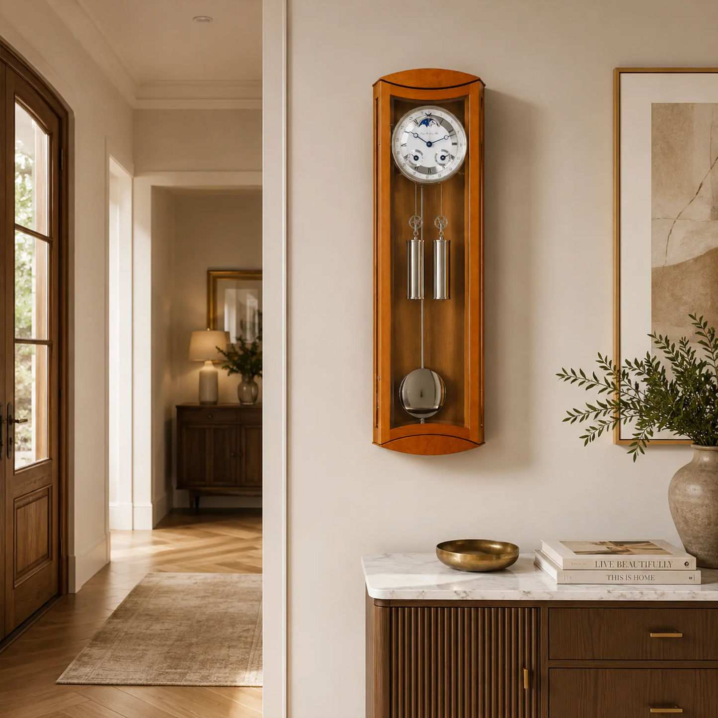 Wanduhr an der Wand aus Holz mit rundem Zifferblatt, Glas und Metallpendeln
