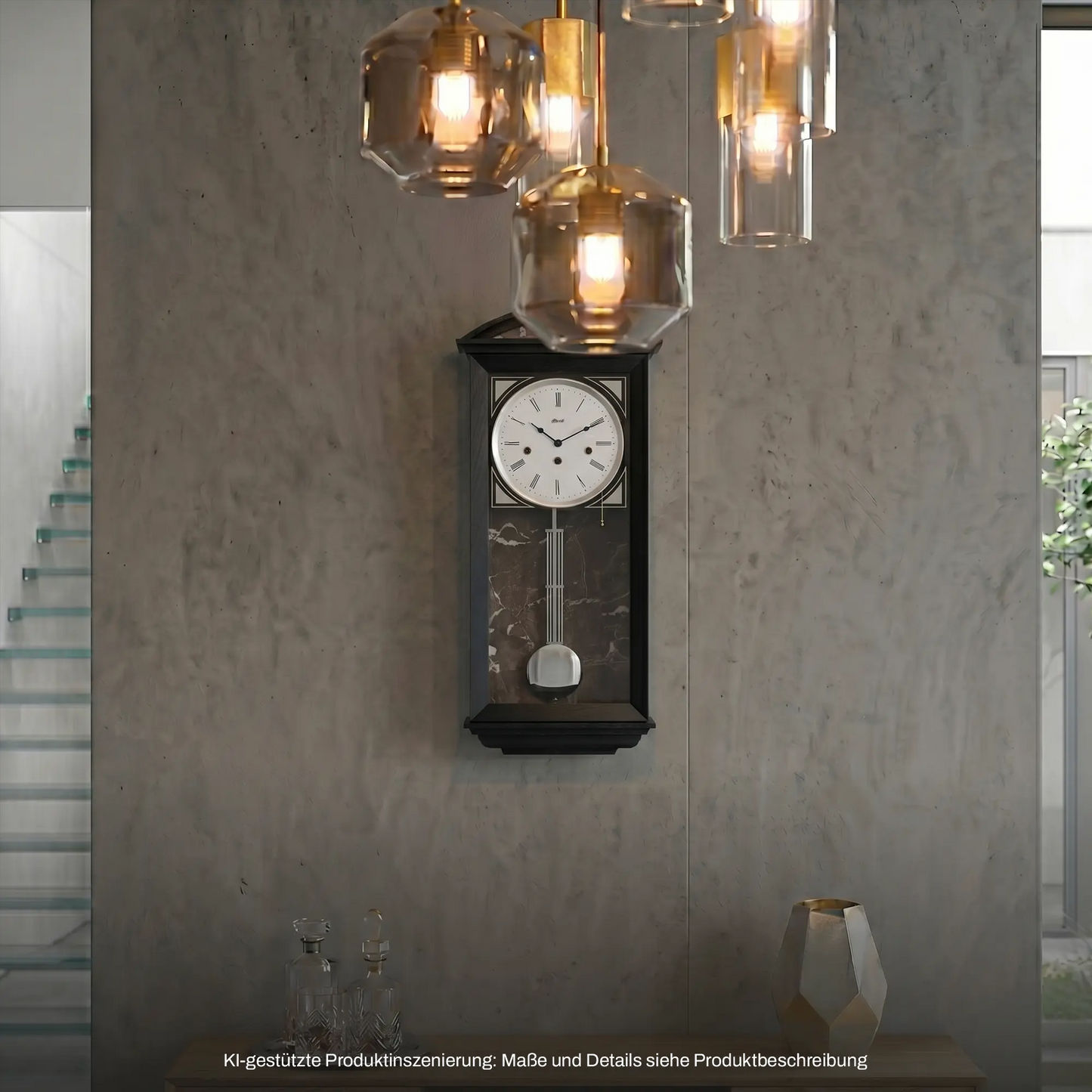Hermle Wanduhr: schwarze Glasfront mit rundem Ziffernblatt und sichtbarem Pendel.