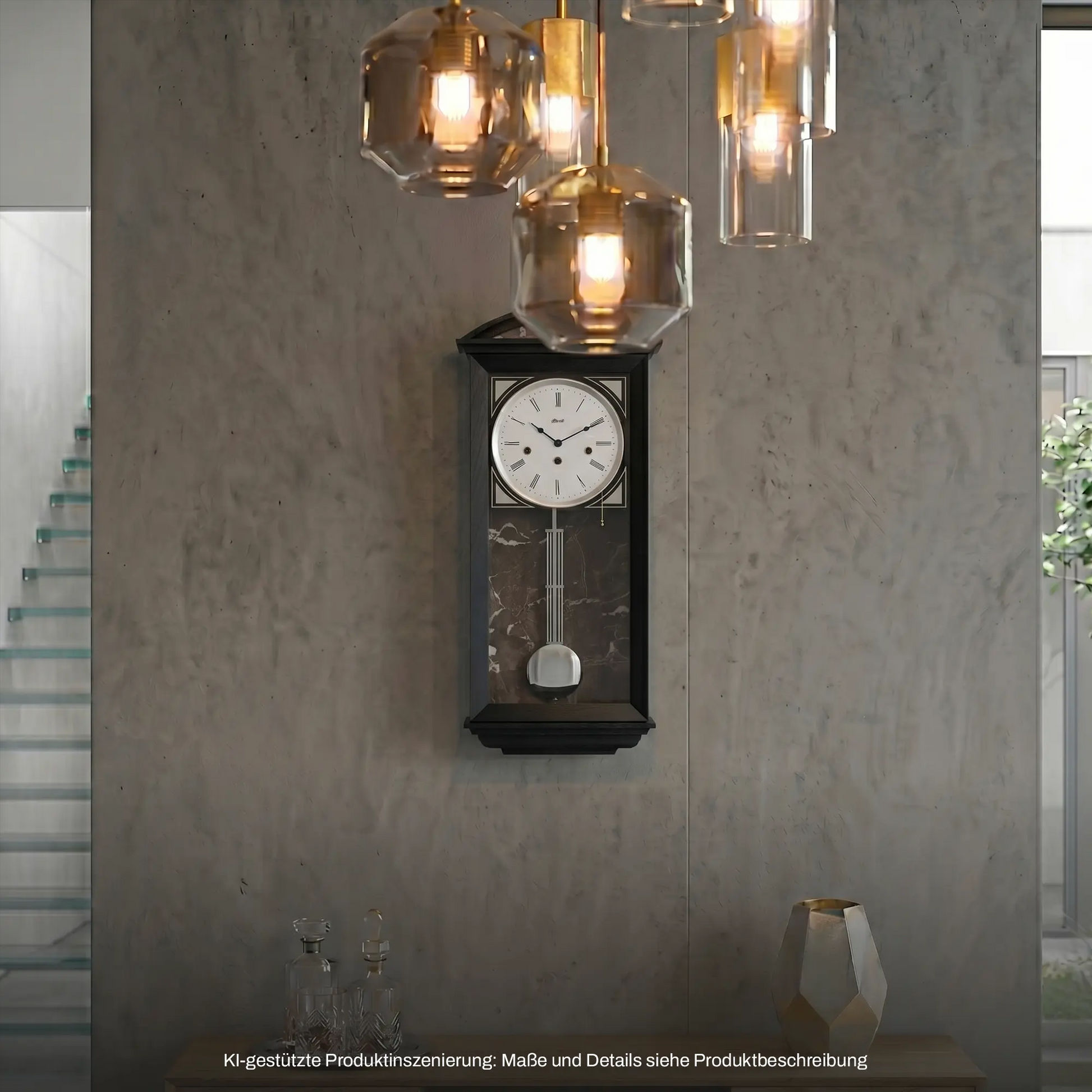 Hermle Wanduhr: schwarze Glasfront mit rundem Ziffernblatt und sichtbarem Pendel.
