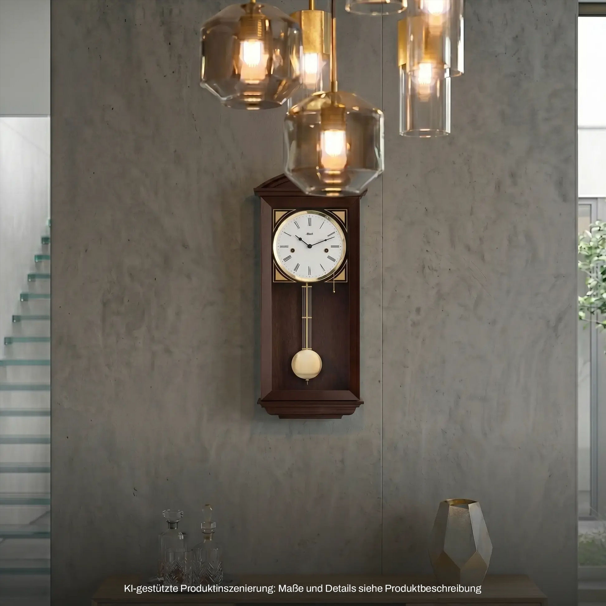 Hermle Wanduhr Holzgehäuse mit weißem Zifferblatt und Pendel, montiert an der Wand
