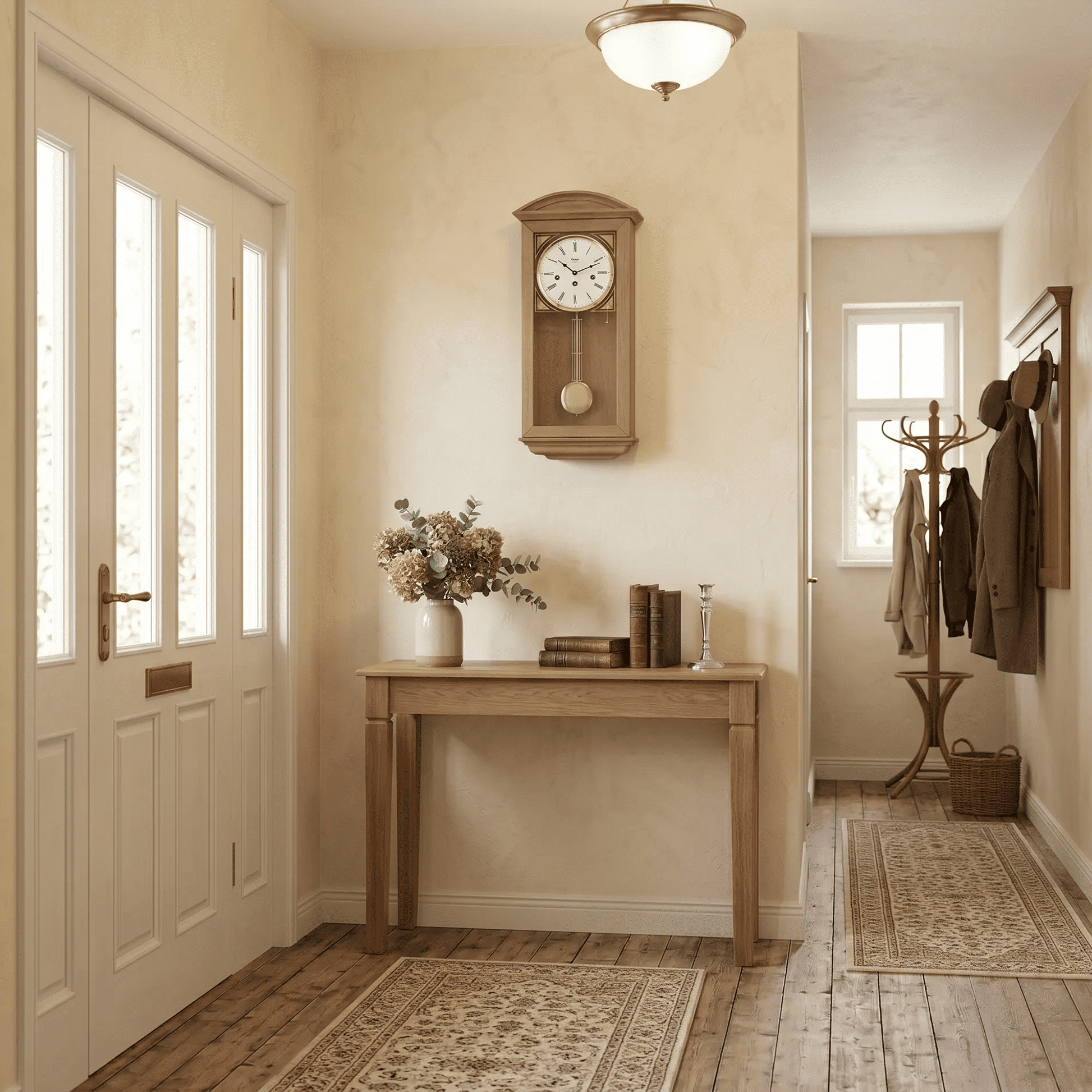 Holz-Wanduhr an der Wand mit rundem Zifferblatt und Kugelpendel