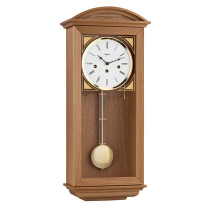 Holz-Wanduhr mit rundem Zifferblatt und schwingendem Kugelpendel