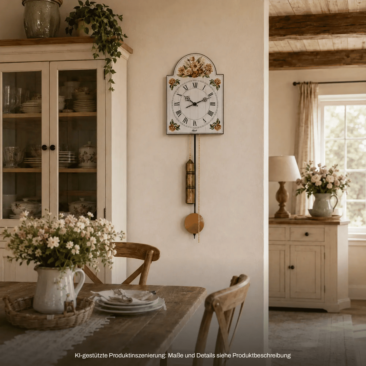 Wanduhr aus Holz mit weißem Zifferblatt und floralem Rahmen, hängendes Pendel