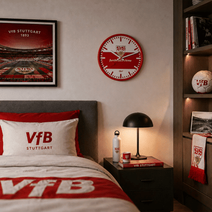 Wanduhr an der Wand mit rotem Rahmen, weißem Ziffernblatt und VfB-Emblem