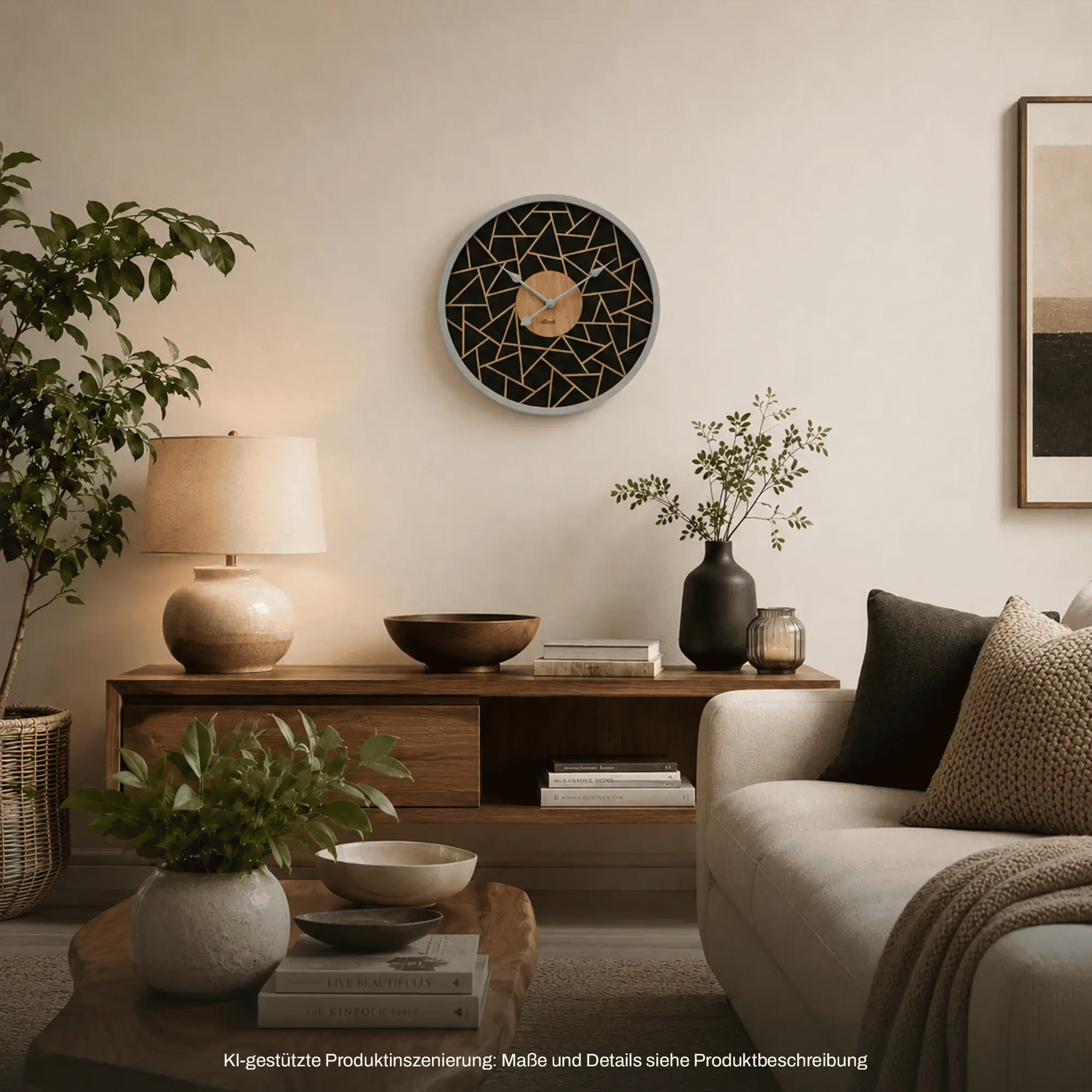 Runde Wanduhr mit schwarzem Ziffernblatt, goldenen Polygonlinien und Holzmitte