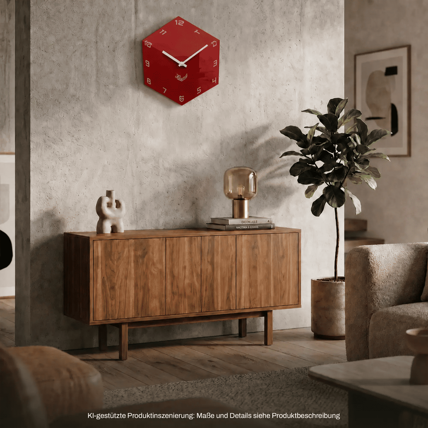 Rote Würfel-Wanduhr mit weißen Ziffern und Zeigern über einem Holzsideboard
