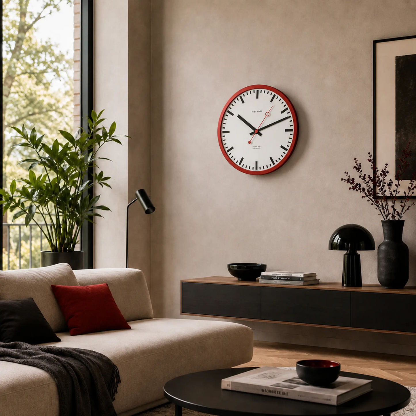 Wanduhr mit rotem Rahmen und weißem Zifferblatt, schwarze Zeiger und rote Akzente