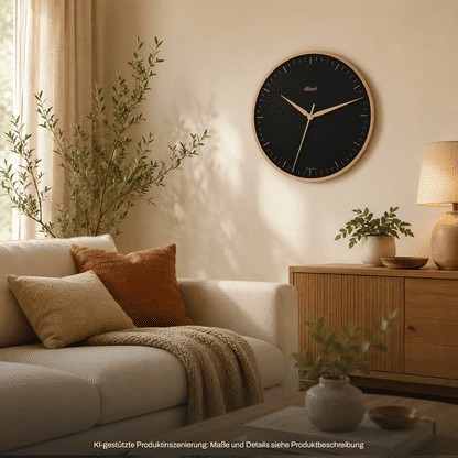 Wanduhr über dem Sofa: dunkles Zifferblatt, goldene Zeiger und schmaler Rahmen