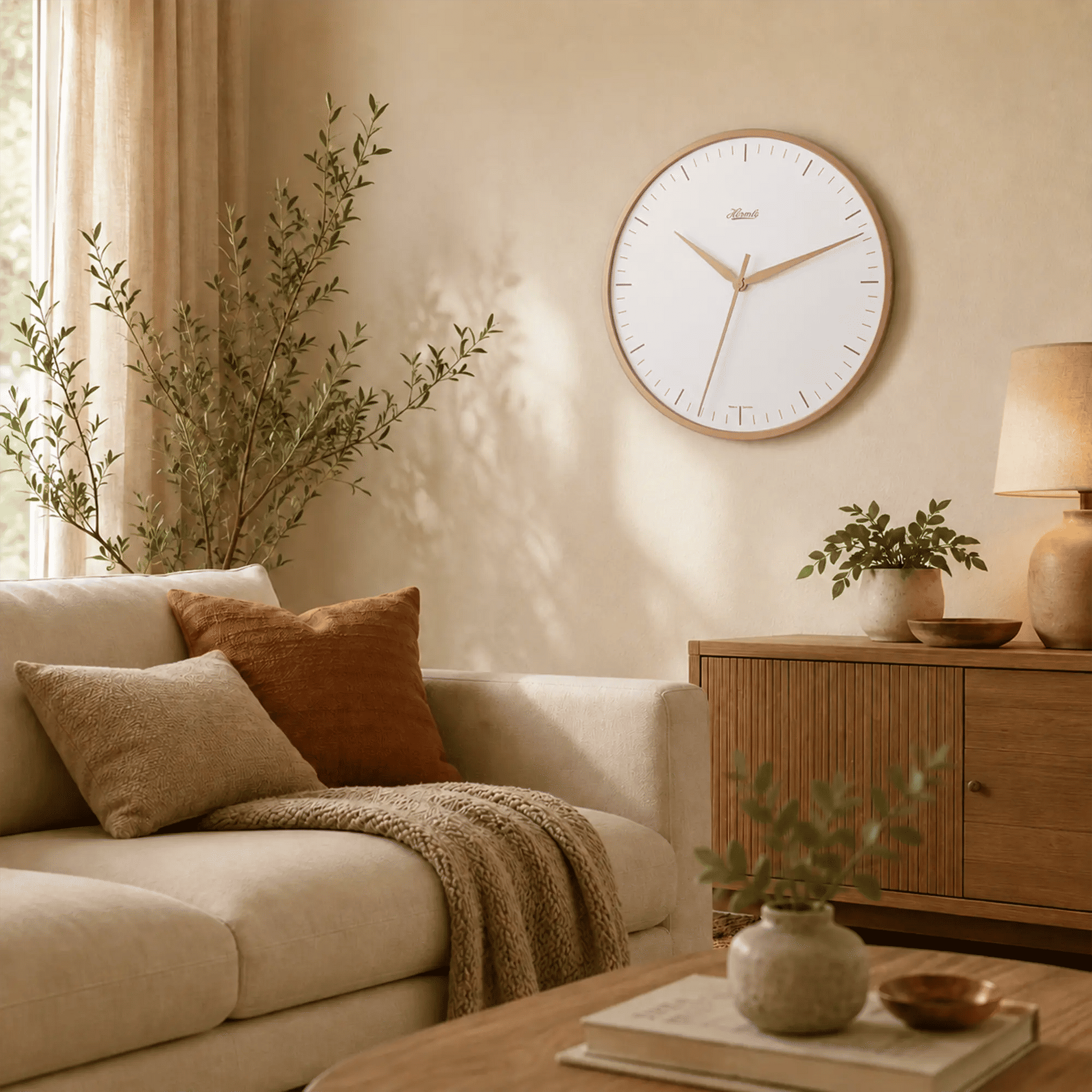 Wanduhr mit rundem Rosé-Metallrahmen und weißem Zifferblatt an heller Wand