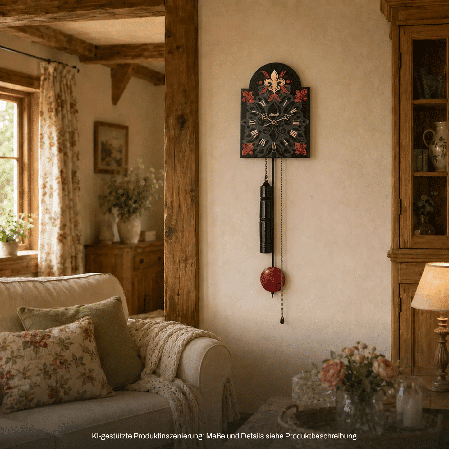 Wanduhr mit schwarzem Blumenmotiv und Pendel: roter Kugel an Kette.