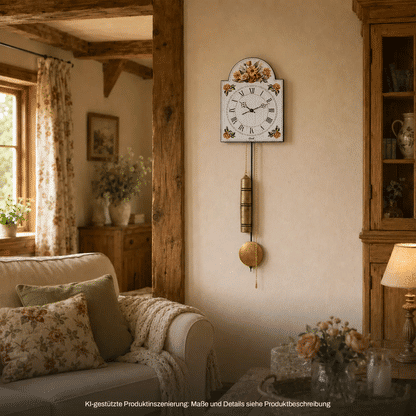 Wanduhr aus Holz mit floralem Zifferblatt, Messingpendel und rundem Pendelgewicht