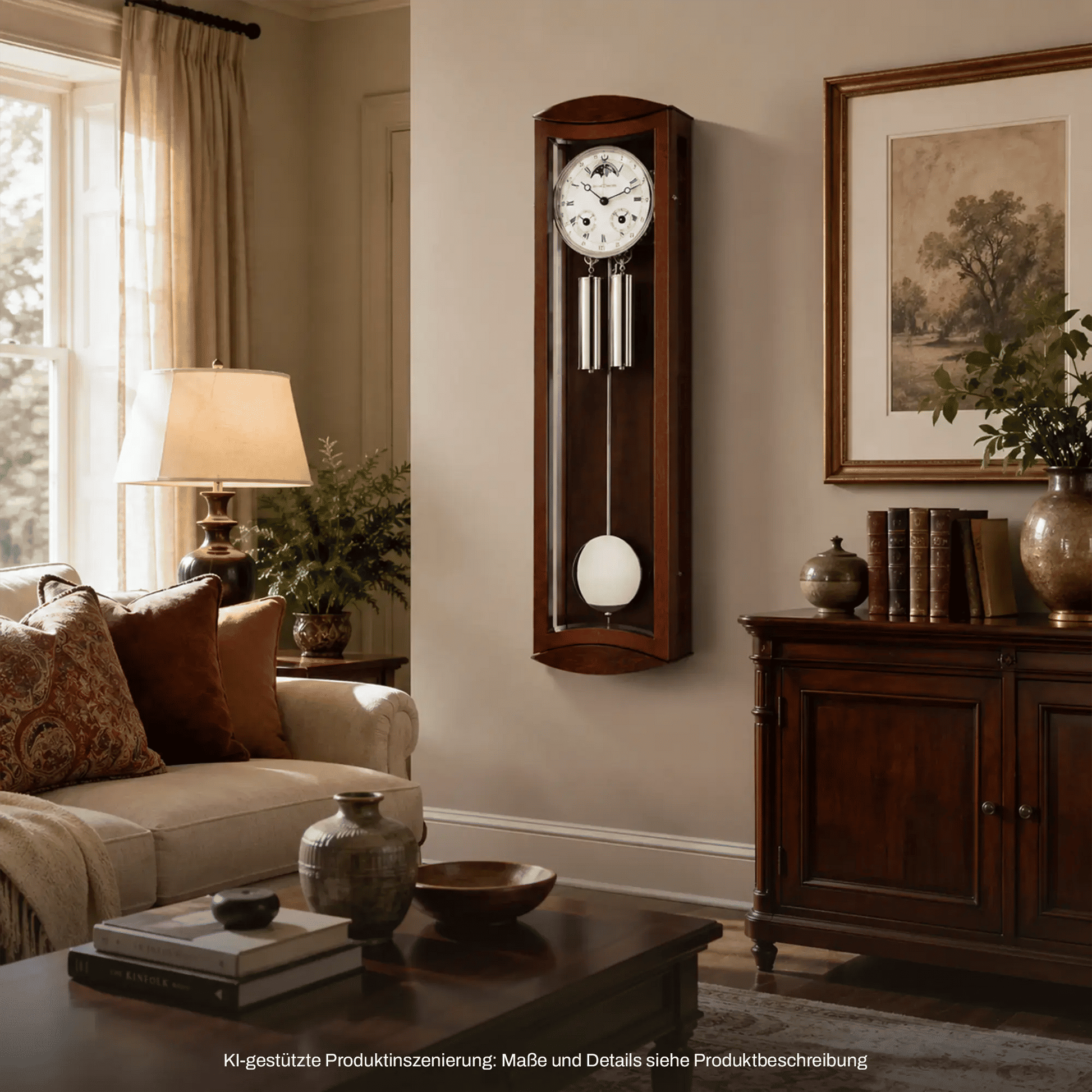 Wanduhr aus dunklem Holz mit rundem Zifferblatt und vertikalem Pendel