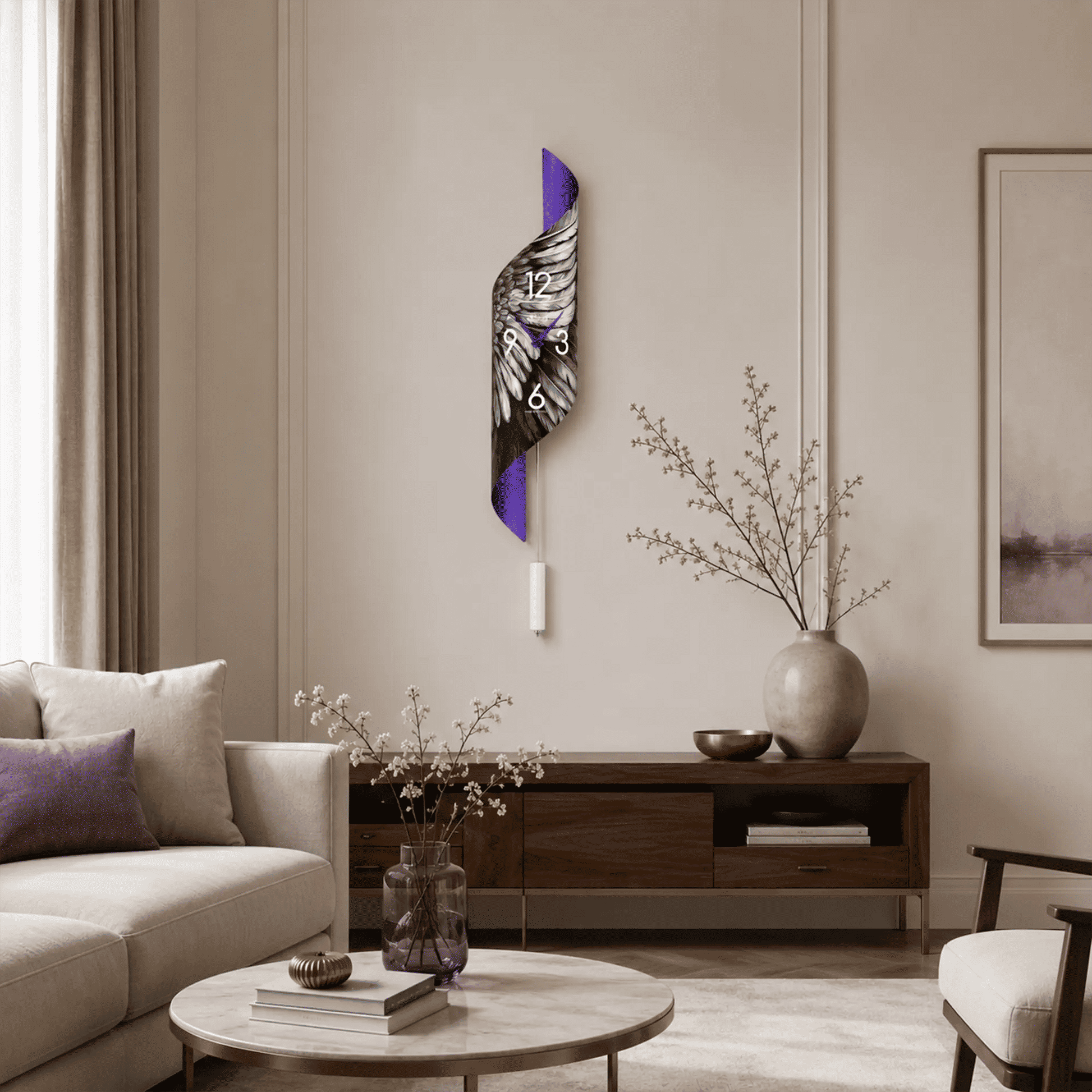 Wanduhr an der Wand mit schwarz-weißem Federblatt, violettem Einsatz und weißen Ziffern
