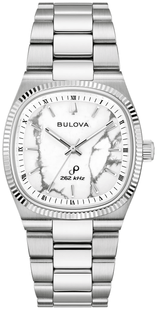 Bulova Precisionist-Armbanduhr mit silbernem Band und weißem Zifferblatt mit römischen Zahlen
