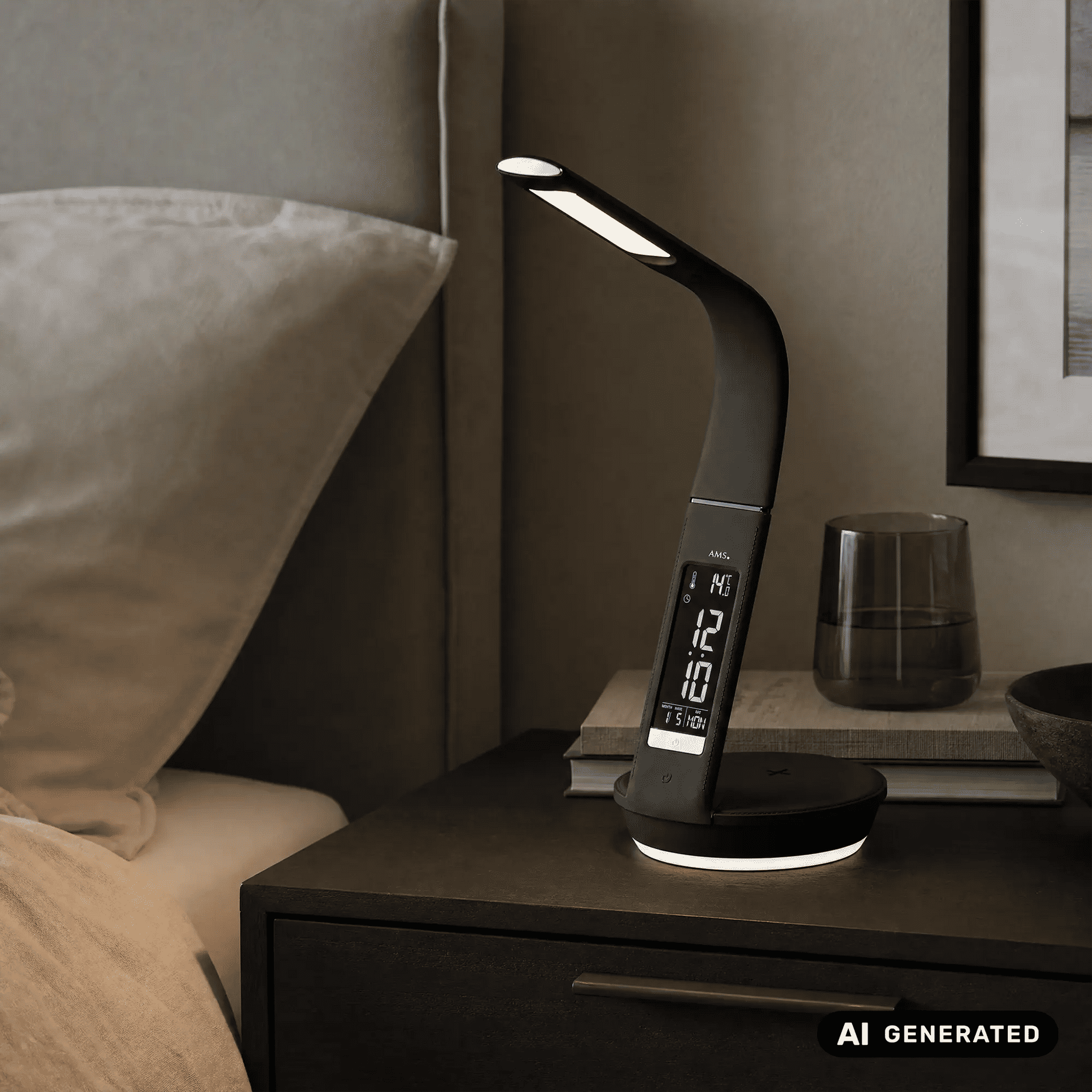 Schwarzer AMS Lichtwecker T1305 am Nachttisch mit leuchtender LED-Leiste