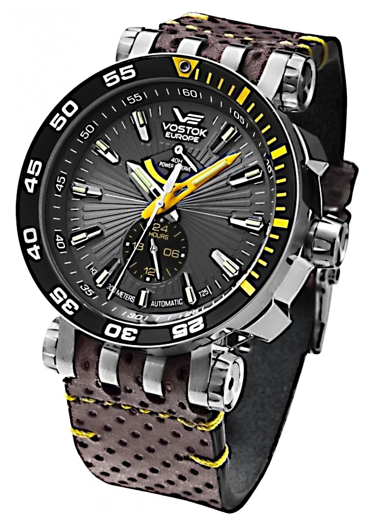 Vostok Europe Herrenuhr mit schwarzem Zifferblatt, gelben Akzenten und Lederband