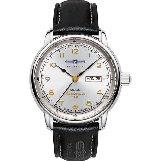 Herrenuhr mit schwarzem Lederarmband, weißem Zifferblatt und Datumsanzeige, rundes Edelstahlgehäuse