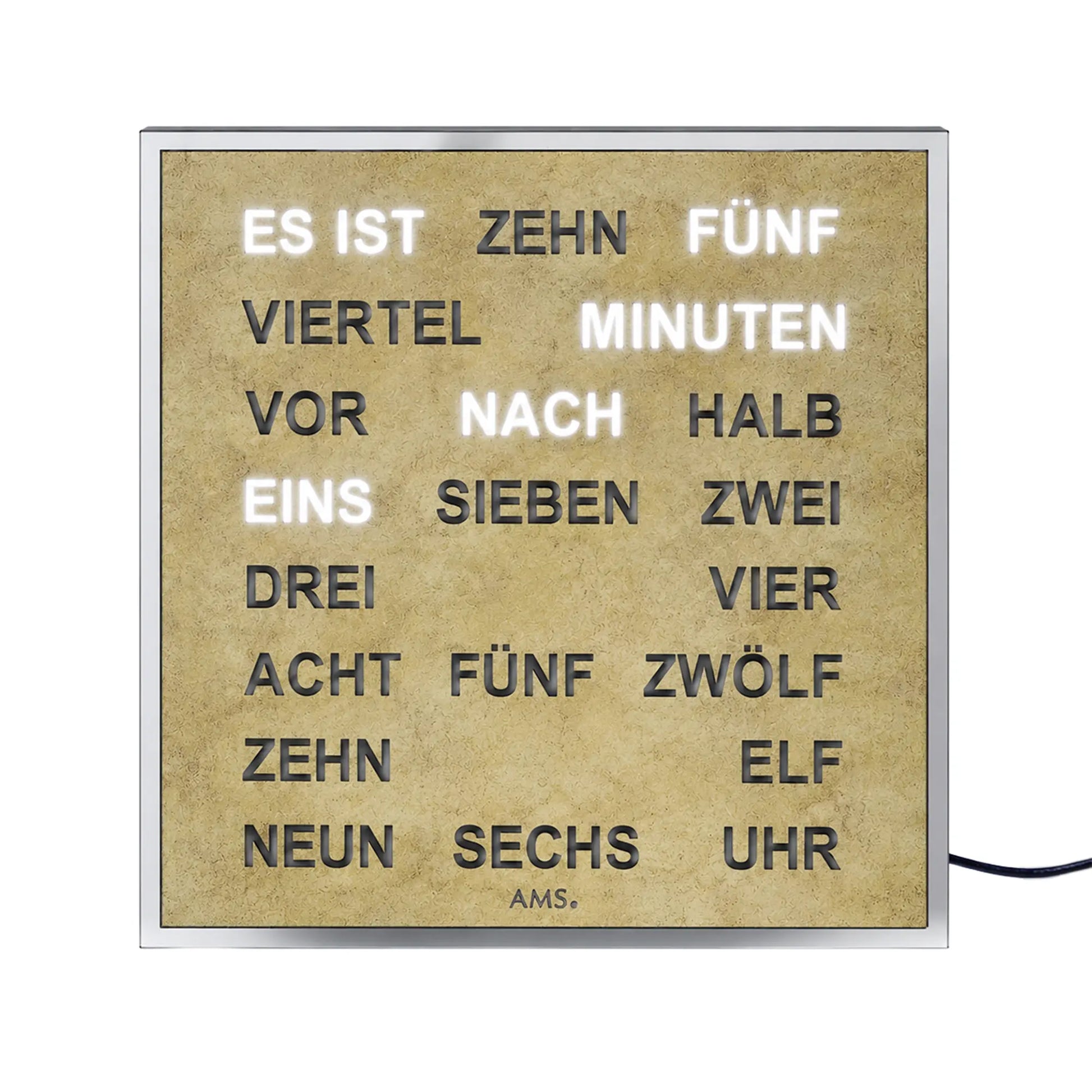 Messingantike Wanduhr mit LED-Wortanzeige, frontales Wortgitter für die Uhrzeit