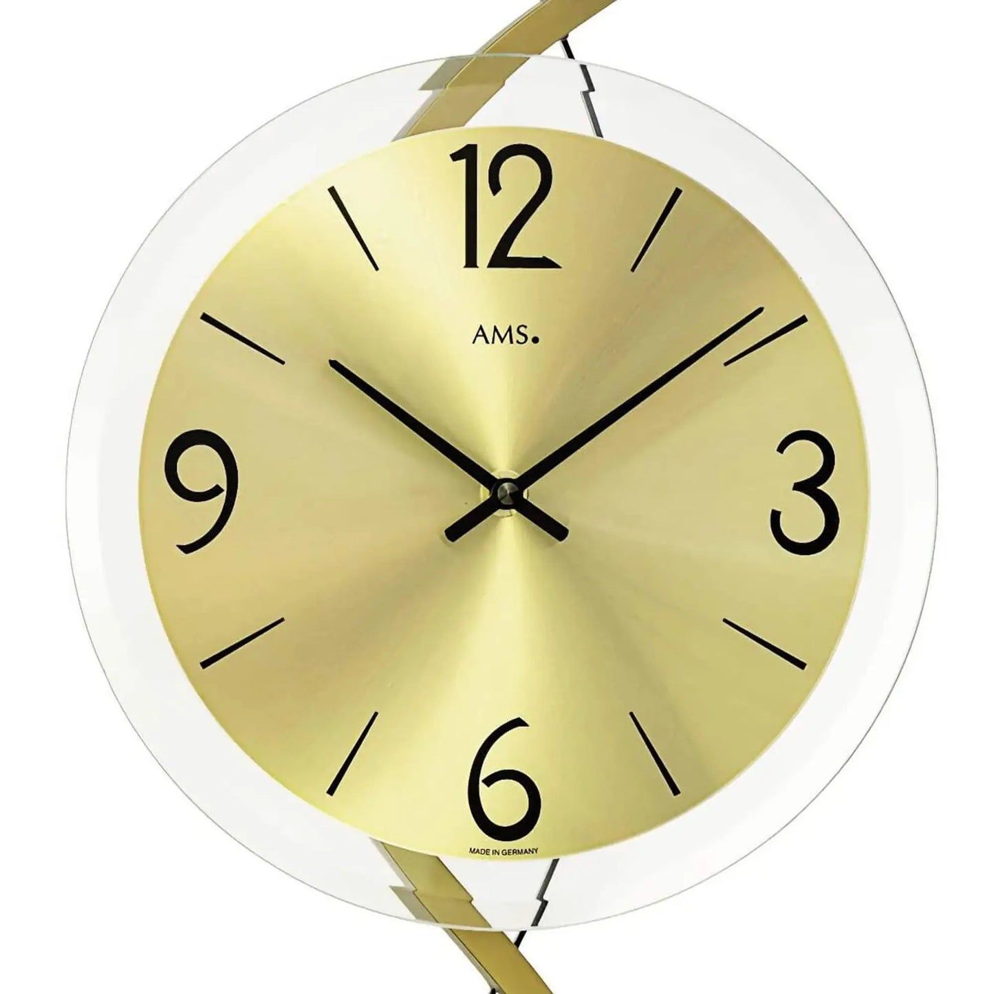 Runde Wanduhr: gelbes Zifferblatt, schwarze Zahlen und Zeiger, klarer Außenrand