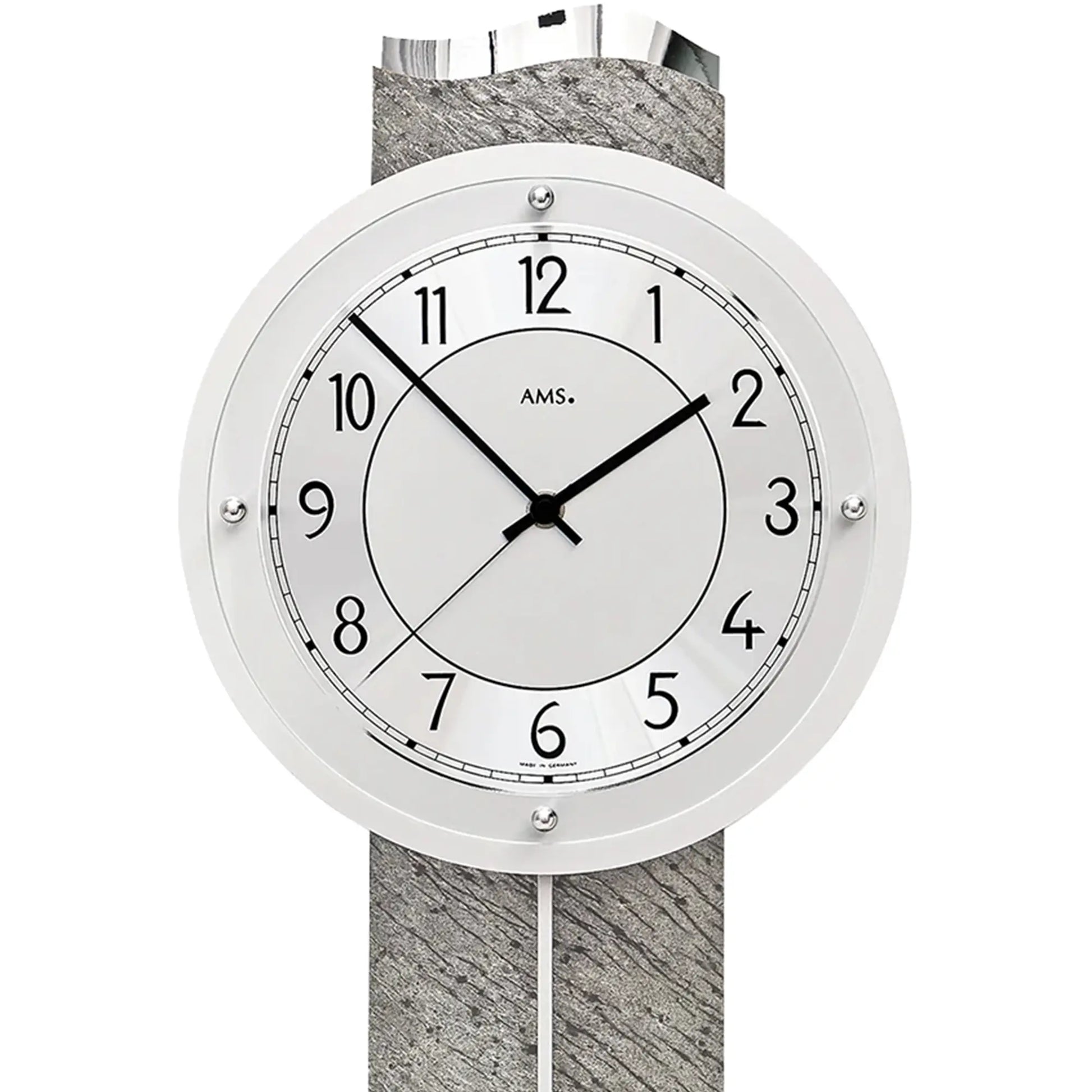 Runde Pendel-Wanduhr mit weißem Zifferblatt, schwarzen Zeigern und Minutenmarkierungen
