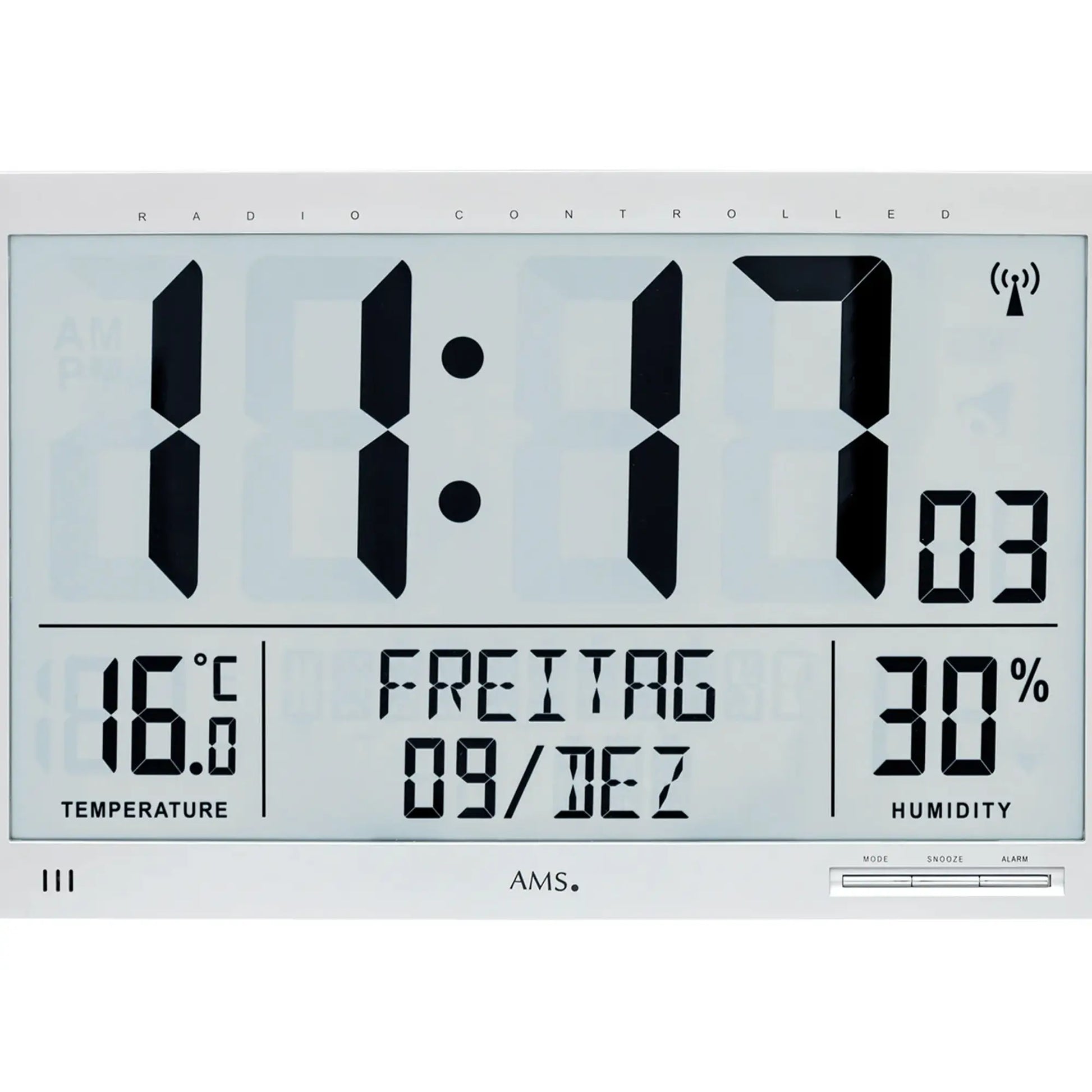 Digital-Wanduhr, silberfarben, große Ziffern für Zeit, Temperatur (°C) und Luftfeuchtigkeit (%)