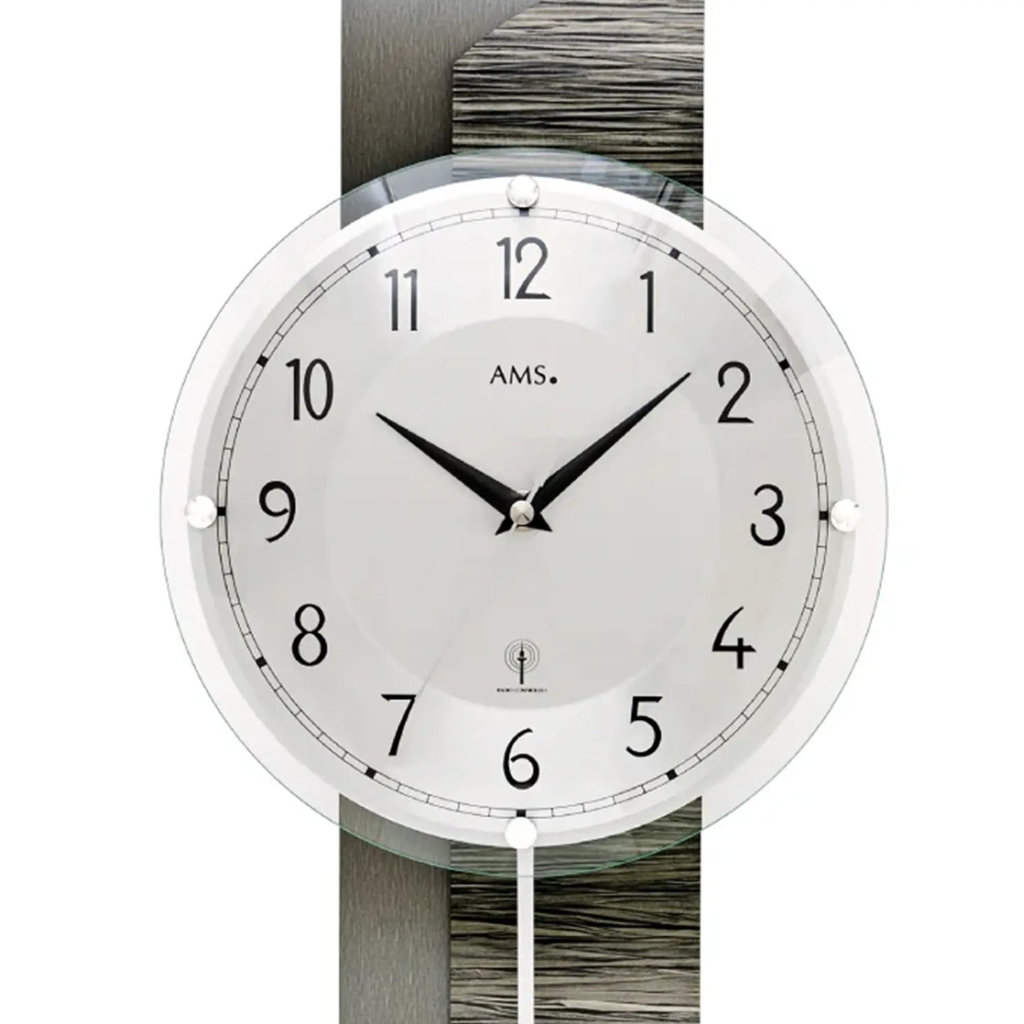 Wanduhr-Zifferblatt mit AMS, schwarzen Zeigern und pendelndem Kugelgewicht