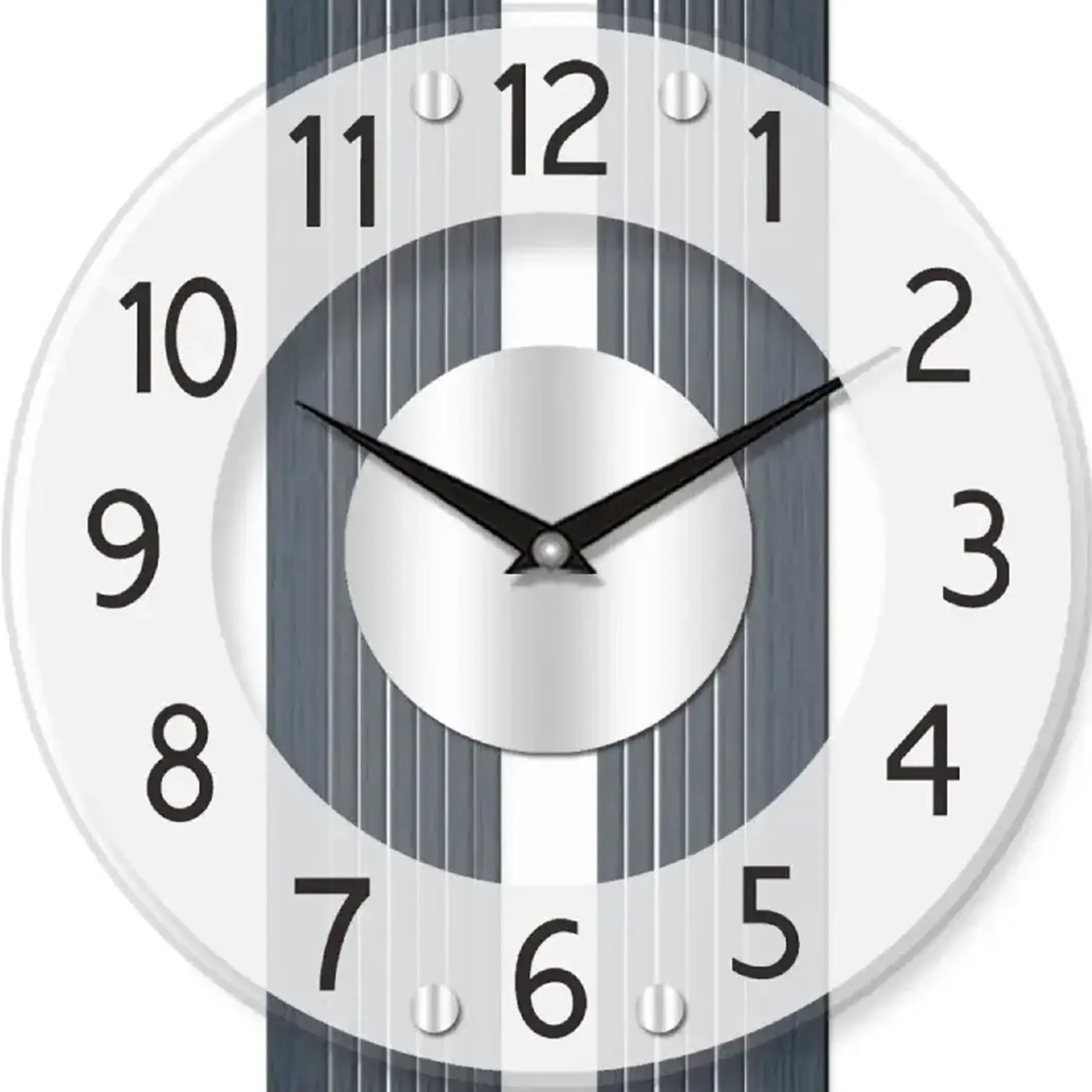 Nahansicht Wanduhr: anthrazit gestreiftes Ziffernblatt mit Zeigern und römischen Ziffern