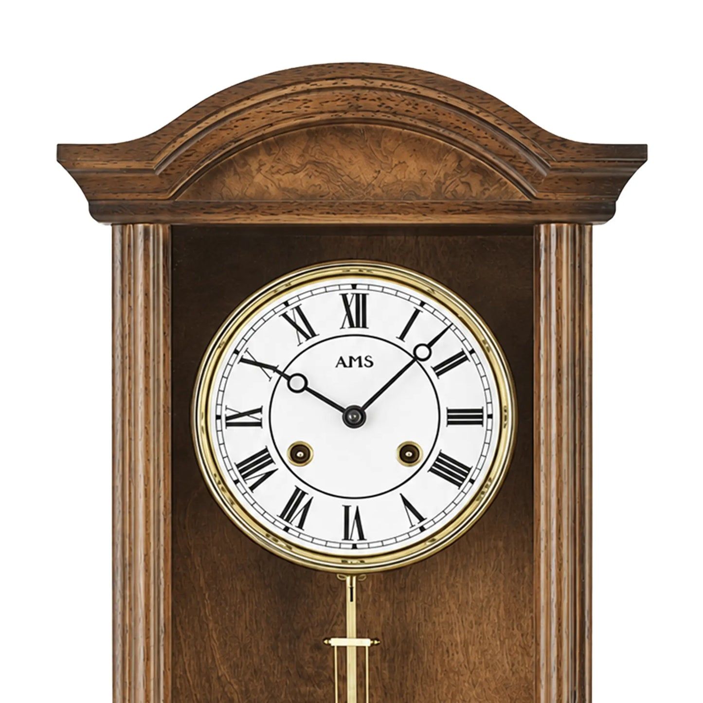 Wanduhr-Zifferblatt im Nussbaumgehäuse mit römischen Ziffern und Pendelaufhängung