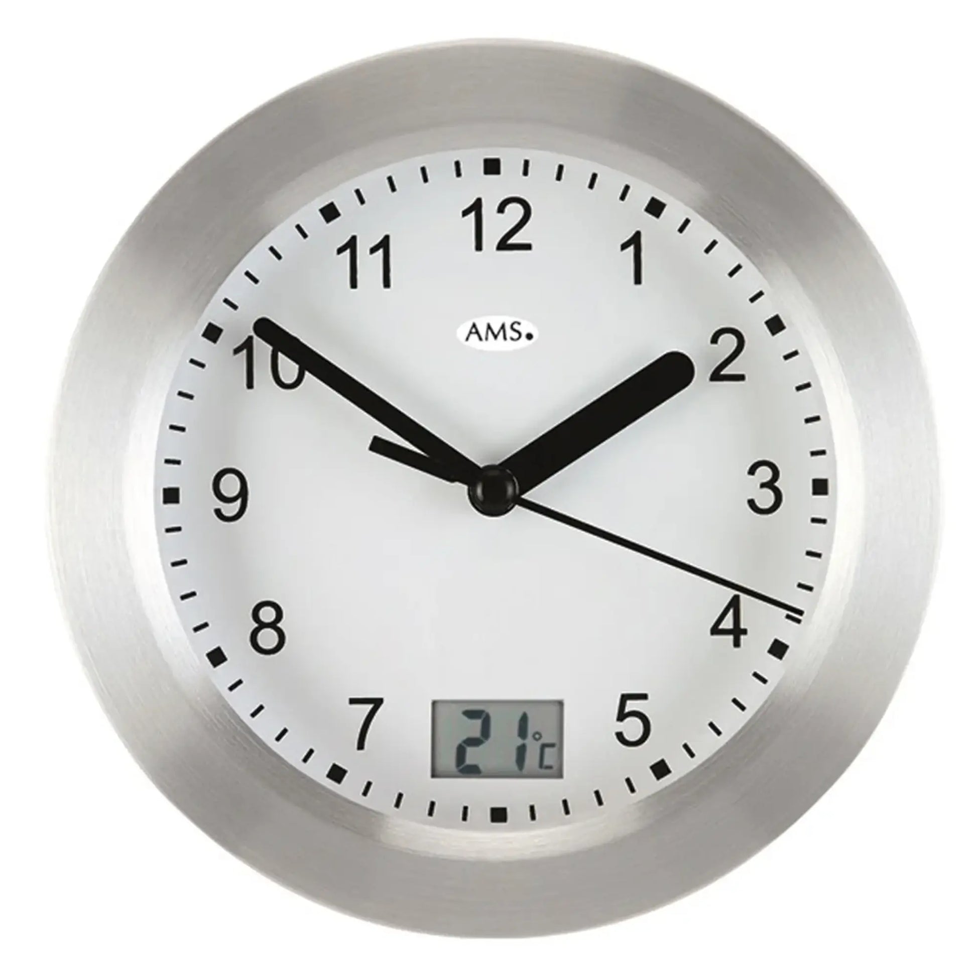 Runde Wanduhr: silberner Rahmen, weißes Zifferblatt, schwarze Zeiger, Digitalanzeige unten.