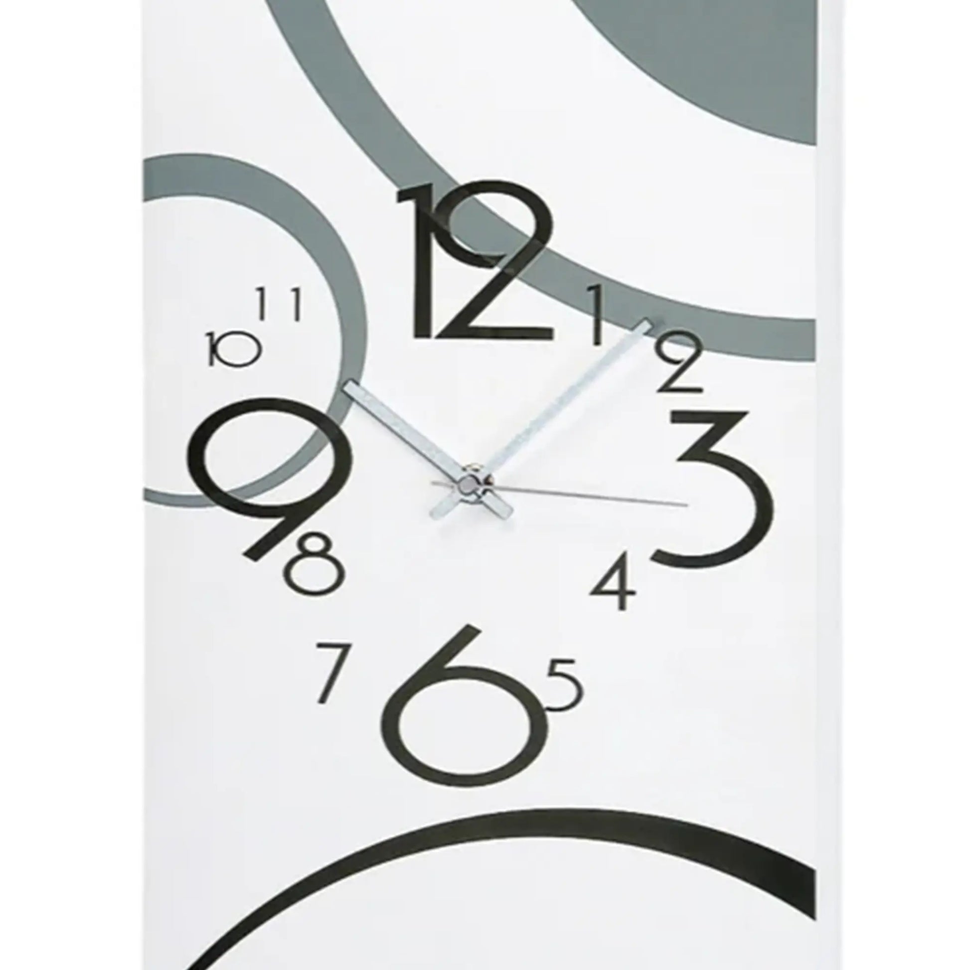 Nahansicht Wanduhr: weiße Fläche, schwarze Ziffern und Kreisbögen, Zeiger im Zentrum