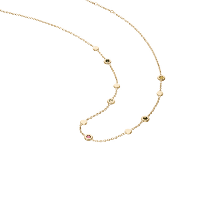 Goldfarbenes Collier mit bunten Turmalinen in Zargenfassung, Boccia Jewelry