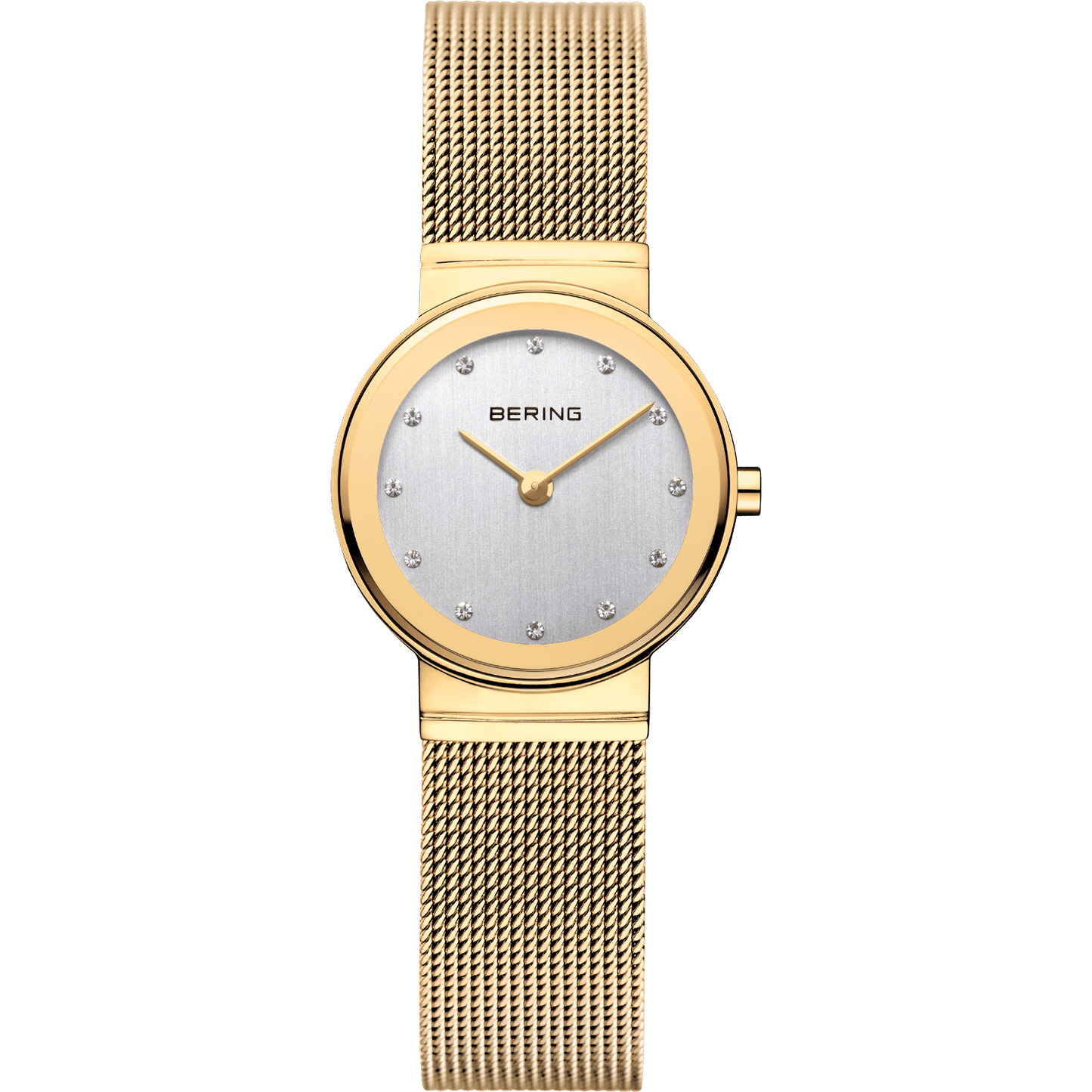 Bering Damenuhr mit rundem hellem Zifferblatt, goldfarbenem Gehäuse und goldenem Milanaiseband