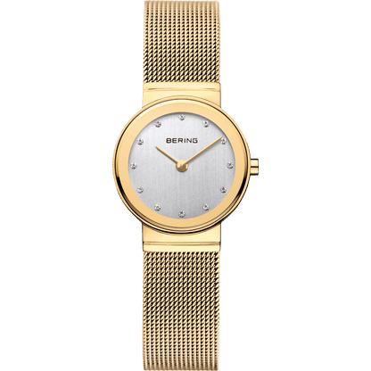 Bering Damenuhr mit rundem hellem Zifferblatt, goldfarbenem Gehäuse und goldenem Milanaiseband