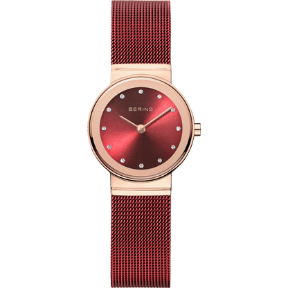 Bering Damenuhr mit rotem Zifferblatt, roségoldenem Gehäuse und Milanaise-Armband
