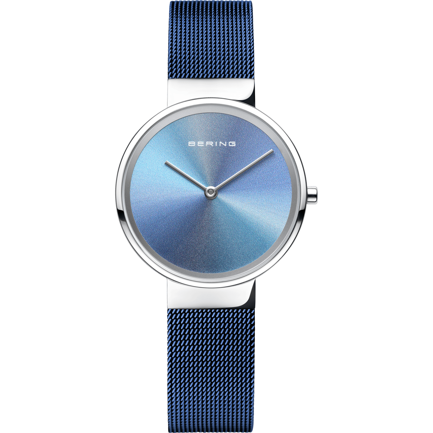Damenuhr mit blauem Zifferblatt, silbernem Gehäuse und blauem Milanaise-Armband