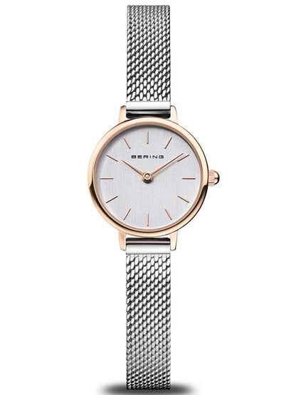 Bering Damenuhr mit roségoldenem Gehäuse und silbernem Mesh-Armband