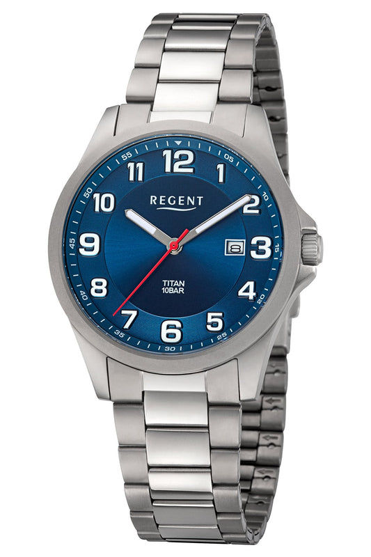Męski zegarek na rękę z niebieską tarczą, tytanową kopertą i szkłem mineralnym