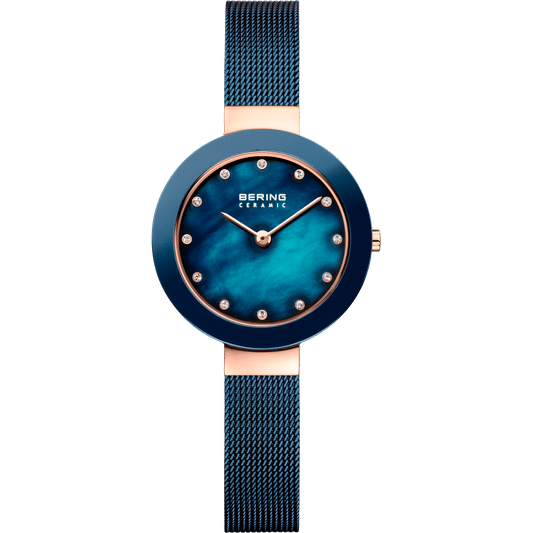 Bering Damenarmbanduhr aus Keramik mit blauem Zifferblatt und Milanaise-Armband