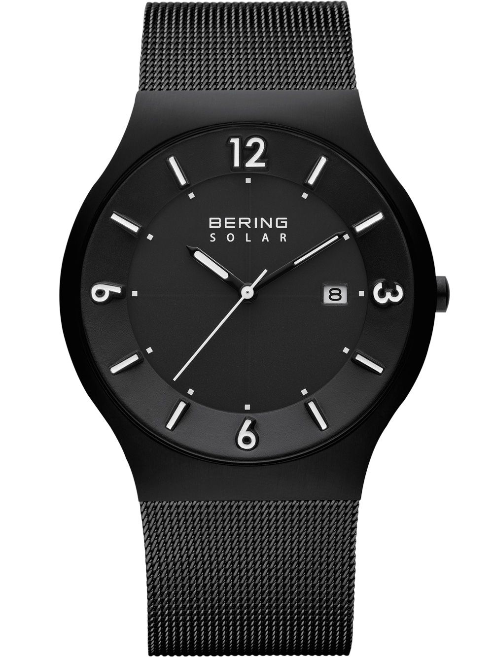 Bering Solar Herrenarmbanduhr mit schwarzem Zifferblatt und Meshband