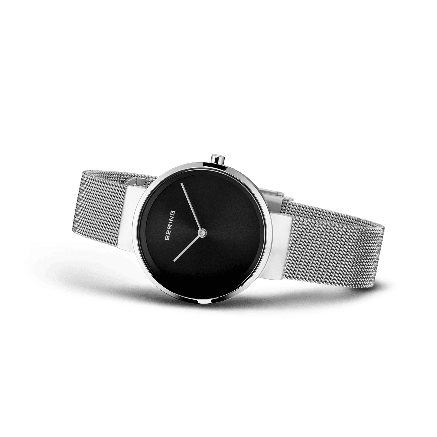 Damenuhr mit schwarzem Zifferblatt und silbernem Milanaise-Armband, seitlich ausgerichtet