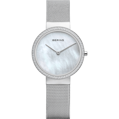 Bering Damenuhr mit Perlmuttzifferblatt, Strasslünette und Milanaise-Armband