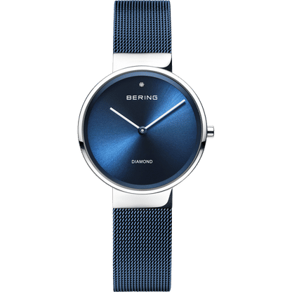 Damenuhr mit blauem Zifferblatt, Milanaise-Armband und DIAMOND-Markierung