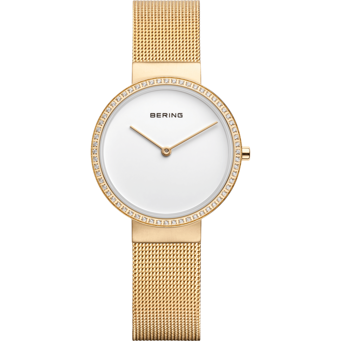 Damenuhr mit weißem Zifferblatt und Milanaise-Armband, goldfarbene Gehäusefassung mit Ziersteinen