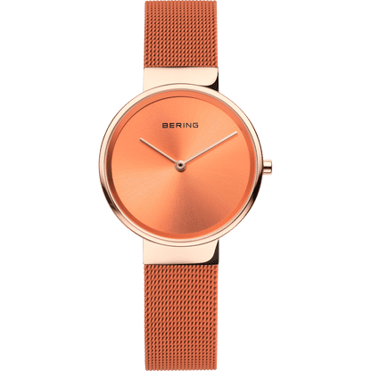 Bering Classic Damenuhr mit orangefarbenem Zifferblatt und Milanaise-Armband