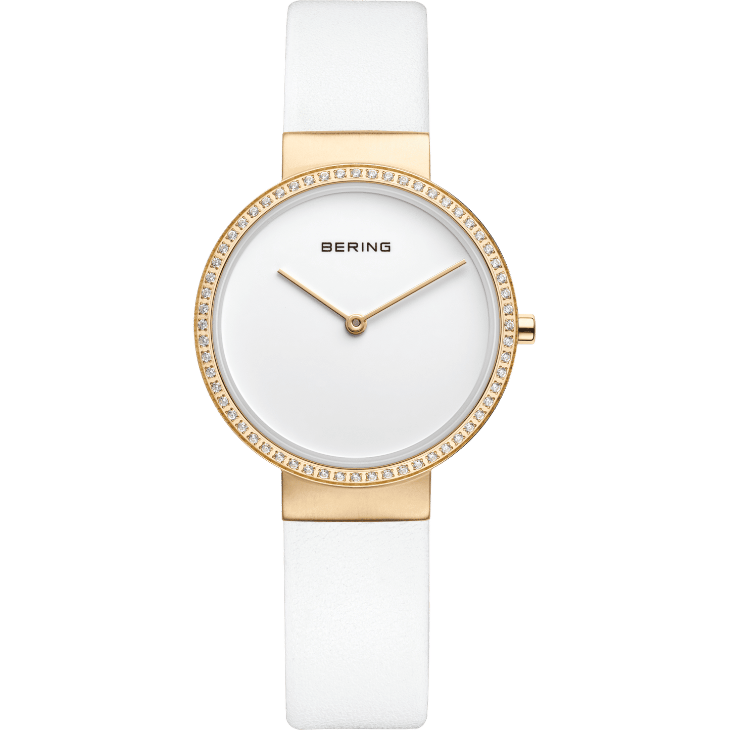 BERING Damenuhr mit weißem Zifferblatt, goldener Lünette und weißem Armband