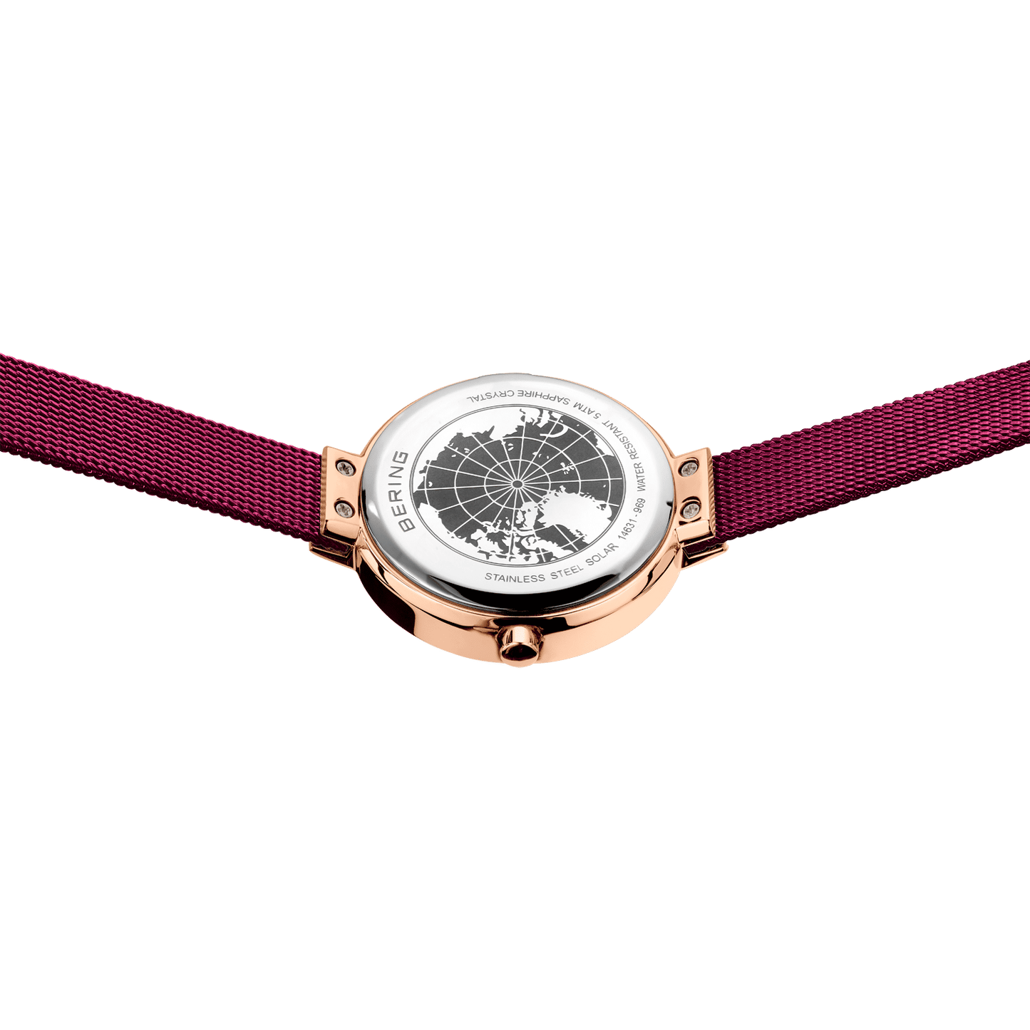 Bering Damenarmbanduhr, roségoldfarbenes Gehäuse, pinkes Mesharmband, Gehäuseboden