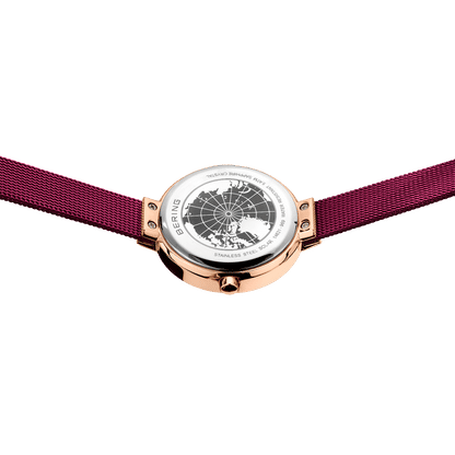 Bering Damenarmbanduhr, roségoldfarbenes Gehäuse, pinkes Mesharmband, Gehäuseboden